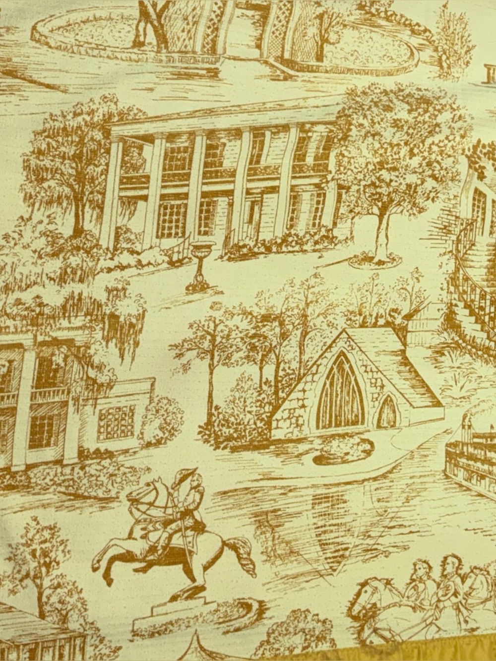 Vintage Mustard Yellow Toile Scenic Bedspread Twin Size 84” x 70” Mid Century
